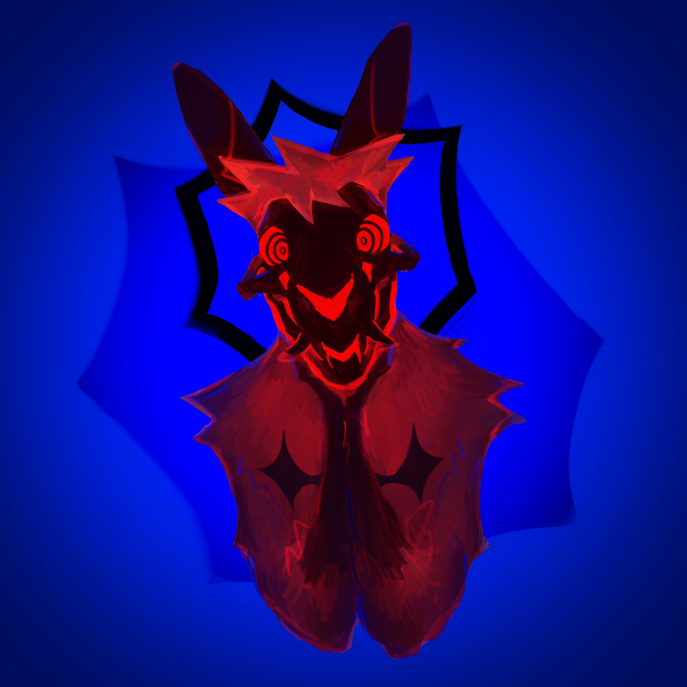 Painted portrait of an anthro rat-cat colored in red on a blue background
